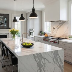 Luxurious Kitchen with Marble Island, Black Pendant Lights, and Fresh Green Apples
