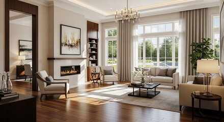 Luxurious Living Room Interior with Fireplace, Chandelier, and Large Windows