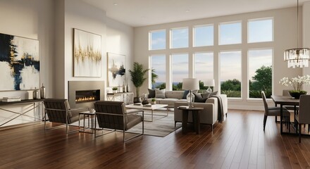 Luxurious Modern Living Room with Fireplace, Large Windows, and Artwork.
