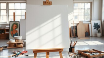Sunlit Artist's Studio Blank Canvas Awaits Creative Inspiration and Artistic Expression