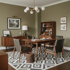 Mid-century modern dining room with olive green walls, stylish furniture, and geometric rug.