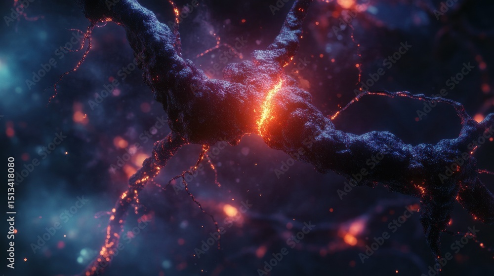 Poster digital visualization of a neuron that transmits nerve impulses. neuron cells with glowing link knot