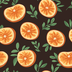 Summer print with oranges. Vector pattern with cut oranges and orange tree branches. Juicy fruits. Vector citrus on a dark brown background. For children, wallpaper, textiles.