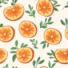 Summer print with oranges. Vector pattern with cut oranges and orange tree branches. Vector citrus on a light beige background. For children, wallpaper, textiles.