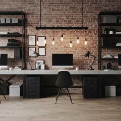 Modern Industrial Office Space with Exposed Brick Wall, Desks, and Hanging Lights
