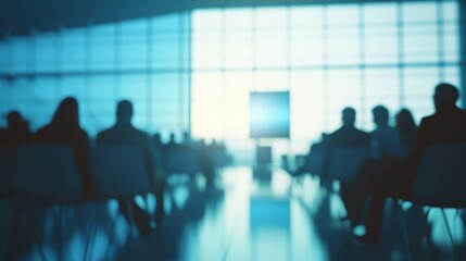 Blurred photo of business presentation in modern conference room. Focused audience listens to speaker. Corporate seminar workshop with interaction, learning opportunities for company employees,