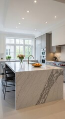 Modern Kitchen Interior with Marble Island, Flowers, and Natural Light