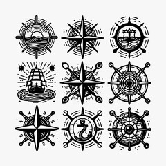 Fototapeta premium Collection of nautical compass and wheel icons for maritime navigation and sea adventure themes. Nautical concept