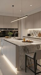 Modern Kitchen Interior with Marble Island, Linear Lighting, and Elegant Design