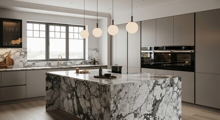 Modern Kitchen Interior with Marble Island, Pendant Lights, and Built-in Appliances