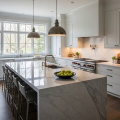 Modern Kitchen Interior with Marble Island, Pendant Lights, and Green Apples
