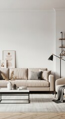 Modern Living Room Interior with Beige Sofa, Art, and Minimalist Decor