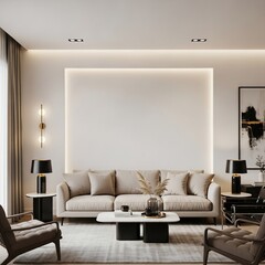 Modern Living Room Interior with Beige Sofa, Black Lamps, and Abstract Art