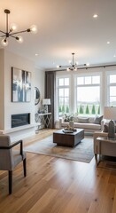Modern Living Room Interior with Fireplace, Large Windows, and Stylish Lighting