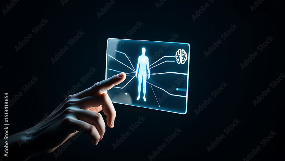 Poster a hand touching a transparent screen displaying a human body and brain diagram in a dark setting