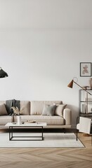Modern Living Room Interior with Neutral Tones, Minimalist Decor and Stylish Lighting