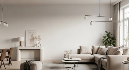 Modern Living Room Interior with Neutral Tones, Minimalist Decor and Stylish Lighting