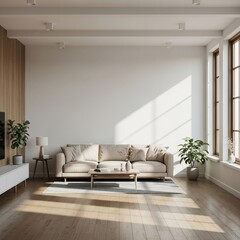 Modern Living Room Interior with Sunlight, Plants, and Neutral Tones