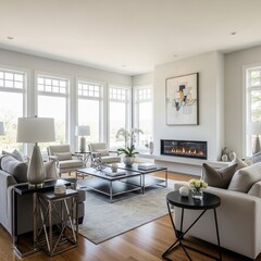 Modern Living Room with Fireplace, Large Windows, and Elegant Furnishings.