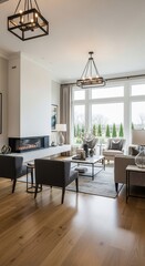 Modern Living Room with Fireplace, Large Windows, and Stylish Furnishings