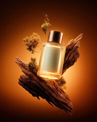 Aromatic Essence: Floating bottle with nature elements, earthy tones, and mysterious ambiance.