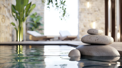 serene and tranquil scene featuring smooth stones stacked on top of each other in calm pool, surrounded by lush greenery and modern lounge chairs