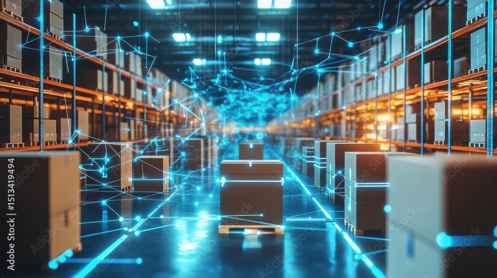 Aufkleber futuristic warehouse with interconnected, glowing blue digital lines and floating boxes, representin