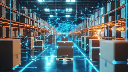 futuristic warehouse with interconnected, glowing blue digital lines and floating boxes, representing an AI driven supply chain management system optimizing logistics