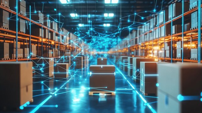 futuristic warehouse with interconnected, glowing blue digital lines and floating boxes, representing an AI driven supply chain management system optimizing logistics