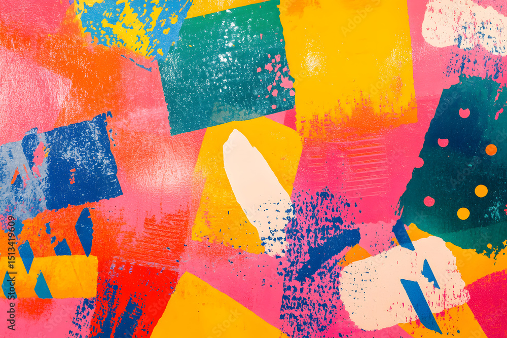 Poster a colorful abstract background with a lot of different shapes and colors. risograph effect, trendy r
