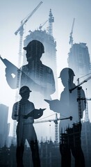 Silhouetted Construction Workers Reviewing Plans Amidst Towering City Buildings and Cranes