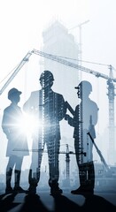 Silhouetted Construction Team with Overlaid Buildings and Cranes in Bright Sunlight