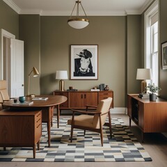 Stylish Mid-Century Modern Office Interior with Artwork, Furniture, and Geometric Rug