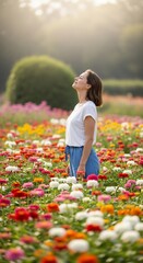 Woman in a Field of Colorful Flowers, Eyes Closed, Enjoying Nature's Beauty