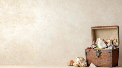vintage treasure chest filled with colorful gemstones and minerals, resting on neutral background, evokes sense of adventure and discovery