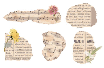 Ripped vintage newspaper and music paper piece in beige color with flowers in realistic style