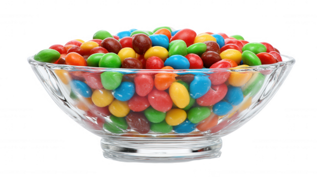 Bowl full of colorful candy isolated on transparent background, PNG