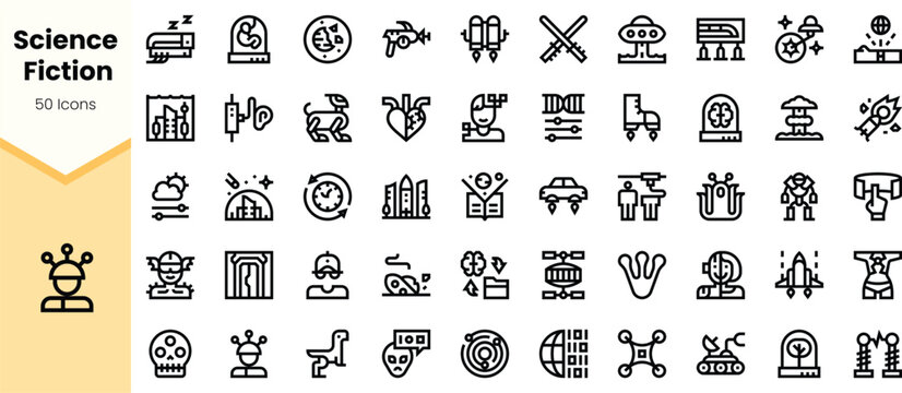 A diverse collection of science fiction icons, showcasing futuristic themes, technology, and imaginative designs in a minimalist style.