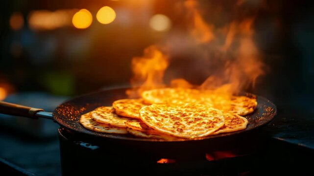 Crispy golden flatbread grilled on hot pan with flames and smoke in outdoor street food setting, showcasing sizzling cooking on pan with flames, smoke, and vibrant outdoor atmosphere