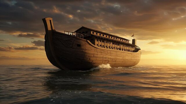 Majestic wooden vessel navigating seascape at golden hour