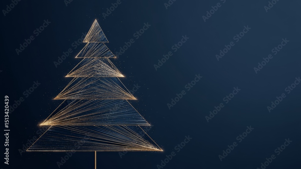 Poster abstract golden line art network - connected points and lines forming a triangular shape on black ba