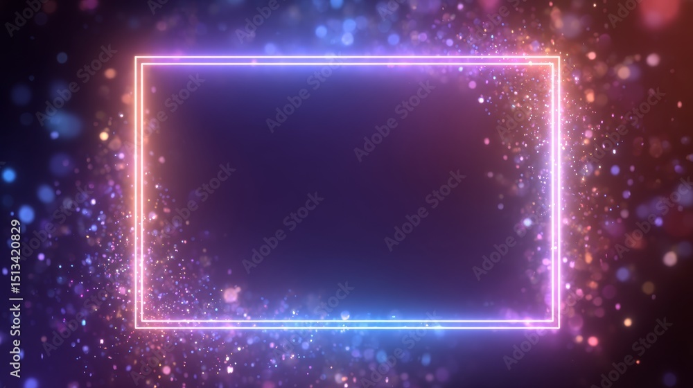 Poster vibrant neon frame with sparkling bokeh background - futuristic digital abstract glow effect for tec