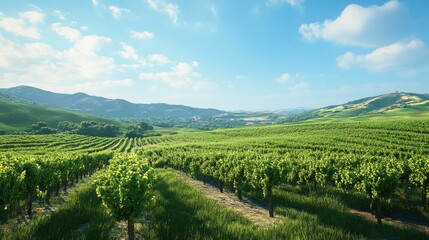 Fototapeta premium Lush green vineyards stretch across rolling hills under clear bl