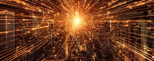 economy growth demand concept. Bright light radiates over a city skyline, creating a dynamic, energetic atmosphere.