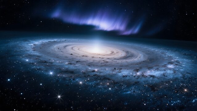Spiral galaxy with aurora borealis in space - Powered by Adobe