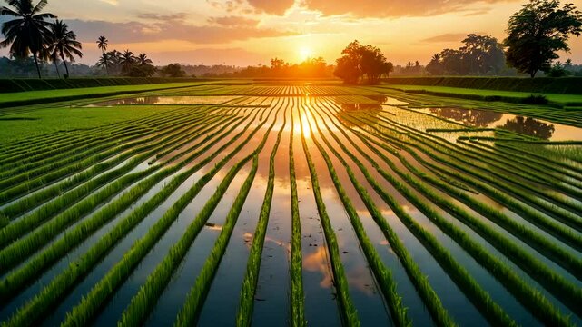 Lush Green Rice Fields at Sunset with Water Reflection and Palm Trees