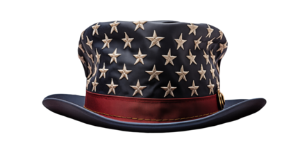 Patriotic top hat with American flag design, festive July 4th celebration, stars & stripes, Uncle Sam style, red white blue, isolated on transparent background.