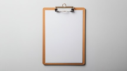 Real photo, wooden clipboard with blank A4 paper mockup template, isolated on light grey background. High resolution, flat papercut style. isolated with white shades