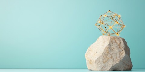 economy growth demand concept. Modern sculpture atop a rock against a soft blue background, showcasing artistic design and creativity.