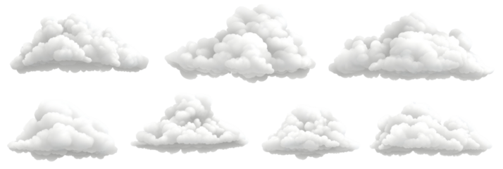 Fluffy white clouds on black background, set of realistic cartoon clouds